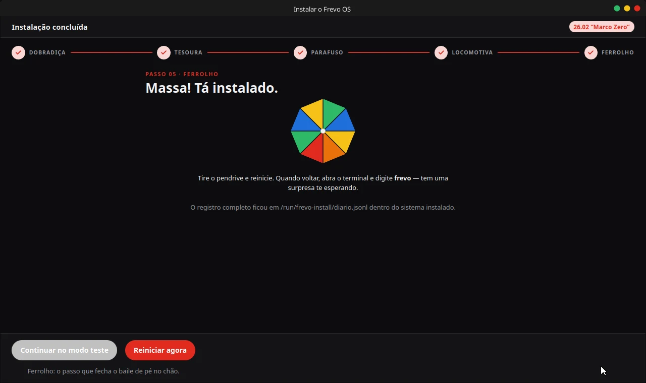 Tela final do instalador, “Massa! Tá instalado.”, com a sombrinha e os botões Continuar no modo teste e Reiniciar agora.
