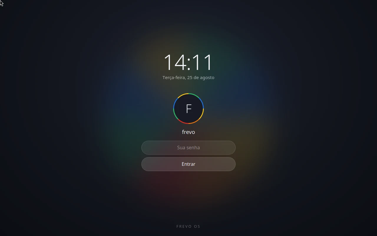 Tela de login do Frevo OS: relógio, avatar circular com anel colorido e o campo de senha sobre um fundo escuro com luzes suaves.